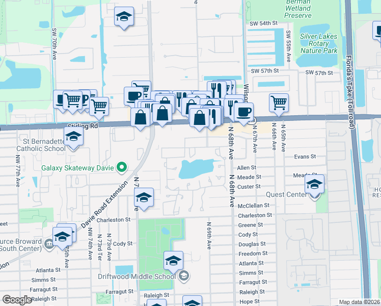 map of restaurants, bars, coffee shops, grocery stores, and more near 612 Briarwood Circle in Hollywood