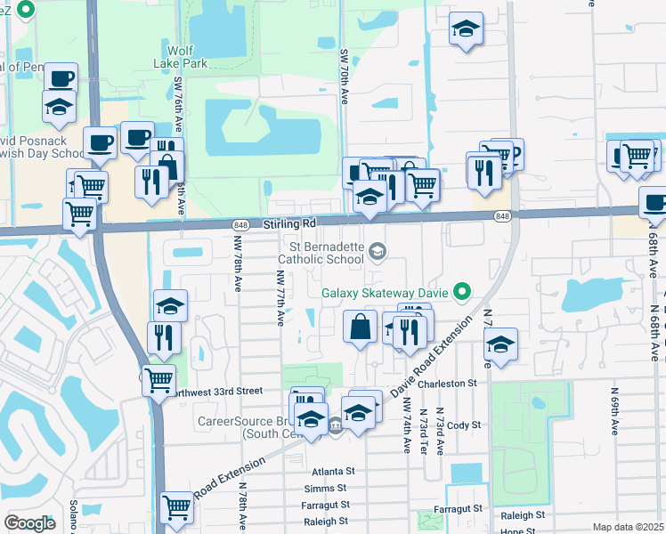 map of restaurants, bars, coffee shops, grocery stores, and more near 3830 Northwest 76th Way in Hollywood