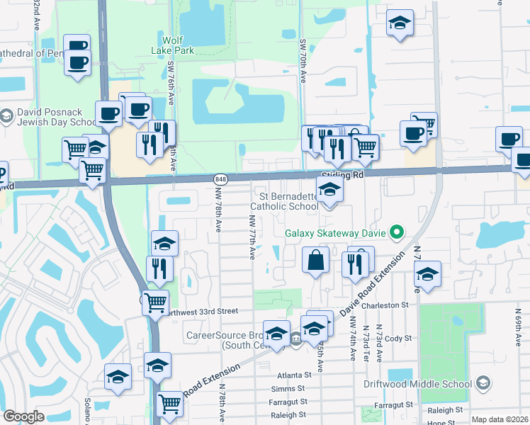 map of restaurants, bars, coffee shops, grocery stores, and more near 3906 Northwest 77th Avenue in Hollywood