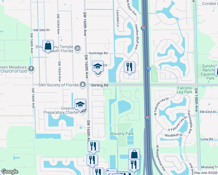 map of restaurants, bars, coffee shops, grocery stores, and more near 6191 Southwest 158th Way in Davie