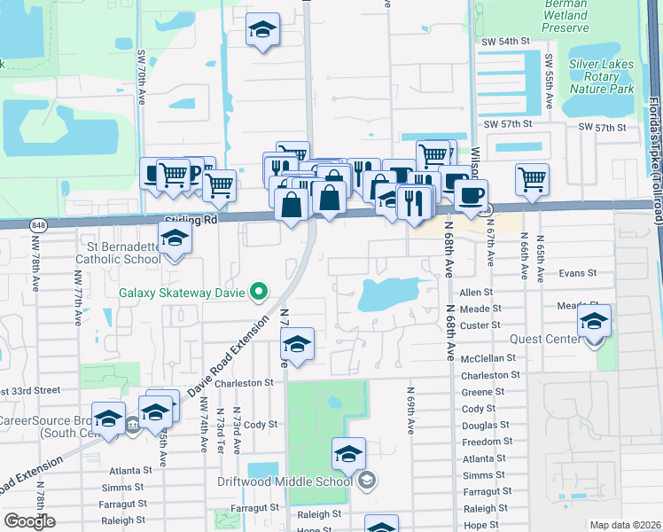 map of restaurants, bars, coffee shops, grocery stores, and more near 4150 Davie Road Extension in Hollywood