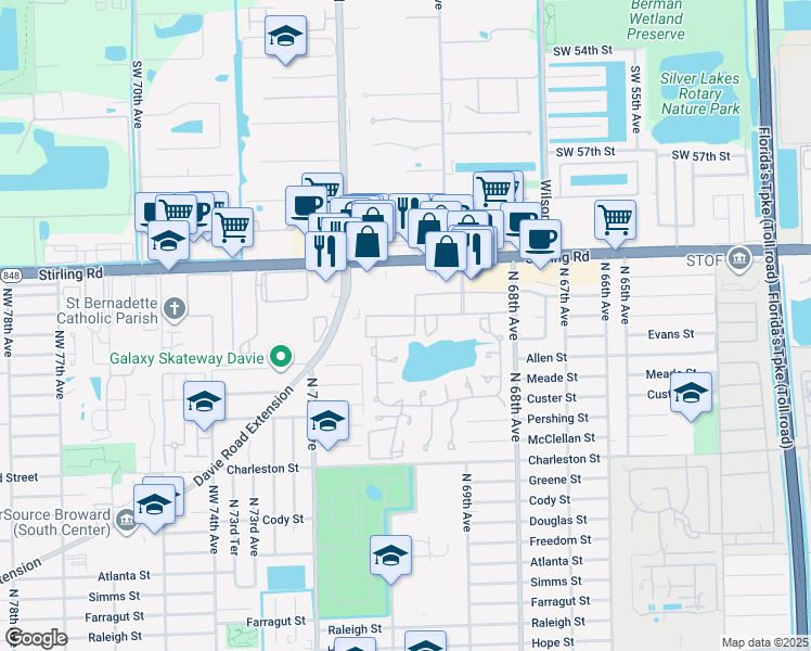 map of restaurants, bars, coffee shops, grocery stores, and more near 251 Berkley Road in Hollywood