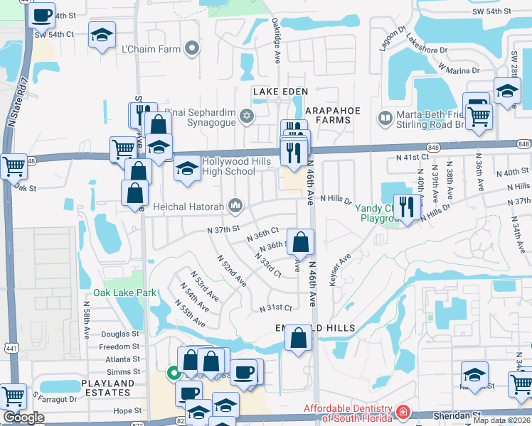 map of restaurants, bars, coffee shops, grocery stores, and more near 3800 North 48th Avenue in Hollywood