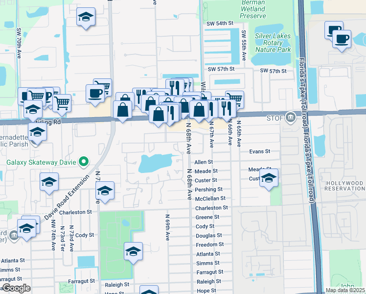 map of restaurants, bars, coffee shops, grocery stores, and more near 151 Berkley Road in Hollywood
