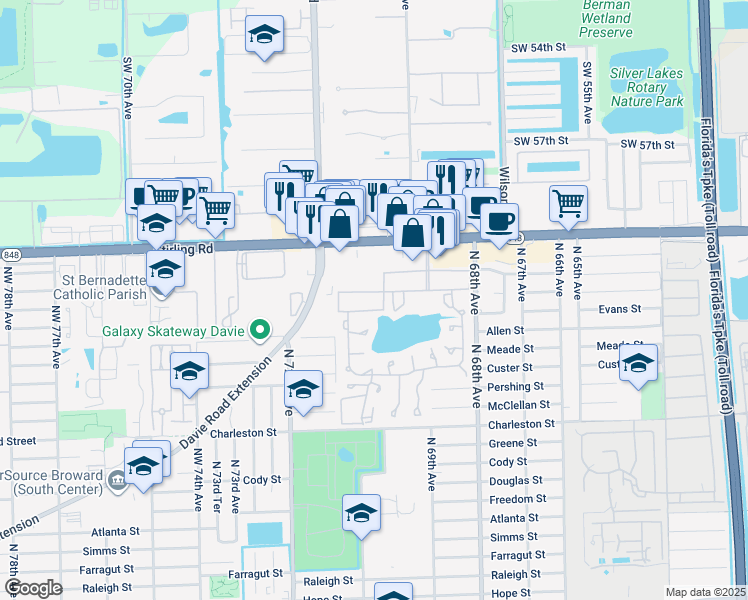 map of restaurants, bars, coffee shops, grocery stores, and more near 251 Berkley Road in Hollywood