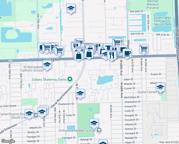 map of restaurants, bars, coffee shops, grocery stores, and more near 4150 Davie Road Extension in Hollywood