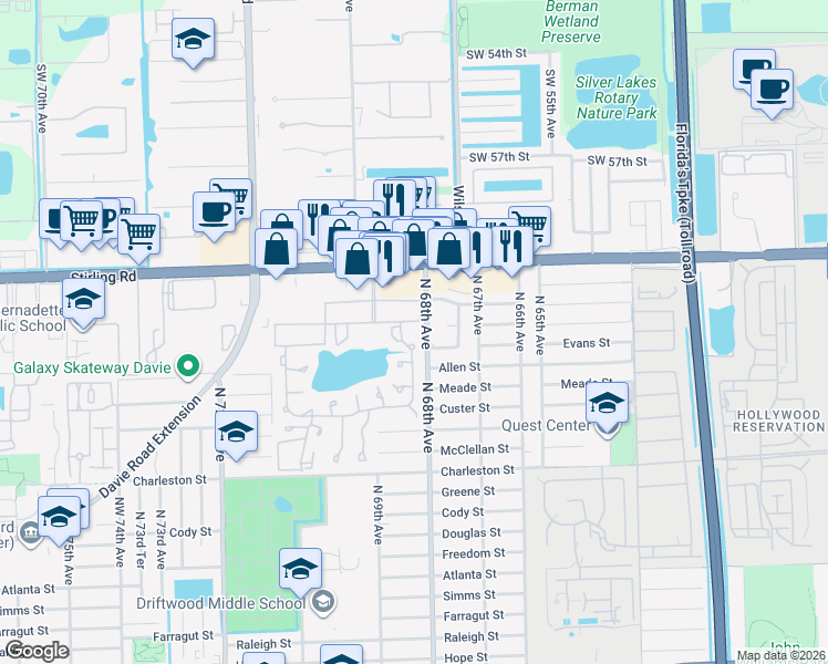 map of restaurants, bars, coffee shops, grocery stores, and more near 151 Berkley Road in Hollywood