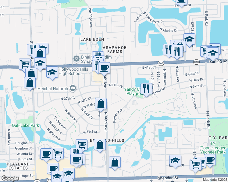 map of restaurants, bars, coffee shops, grocery stores, and more near 4550 North Hills Drive in Hollywood