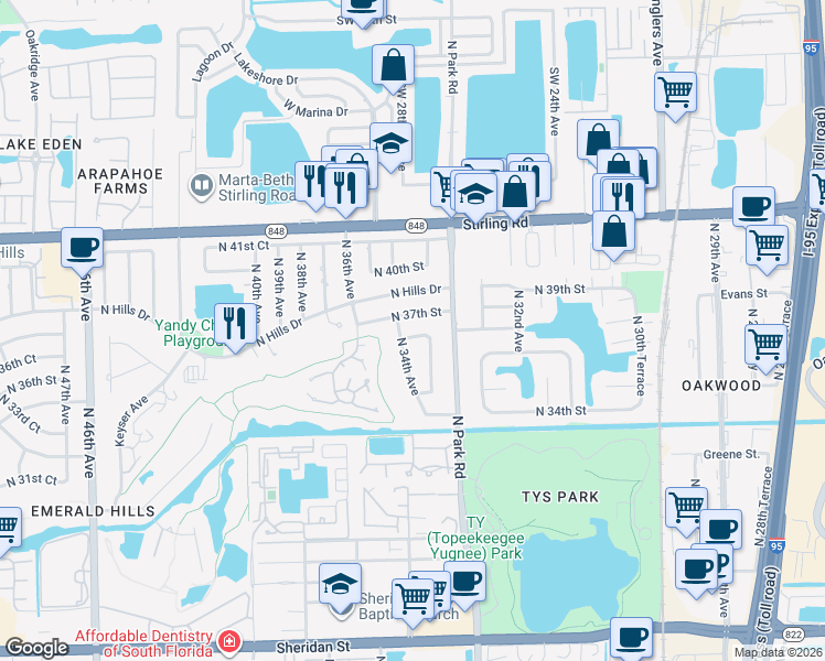 map of restaurants, bars, coffee shops, grocery stores, and more near 3361 North 37th Street in Hollywood