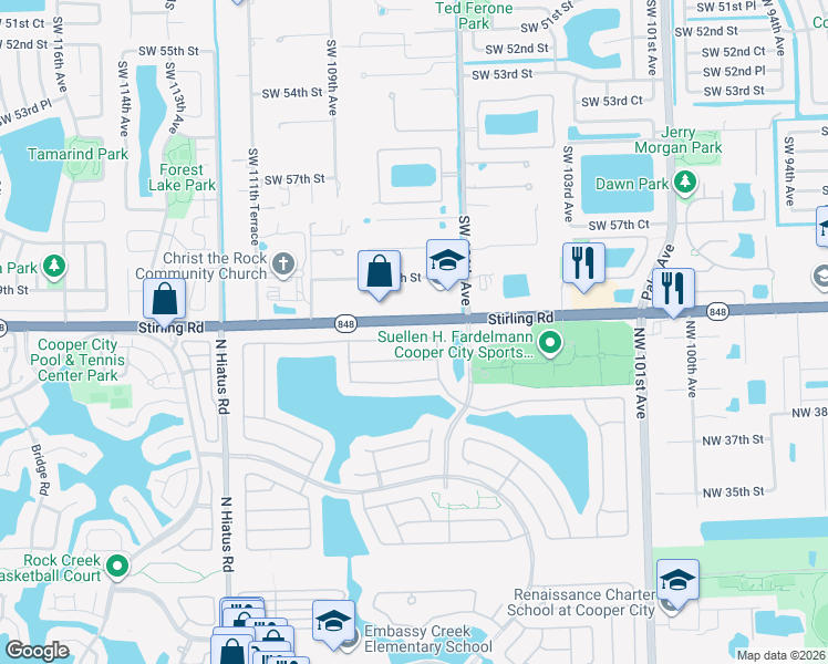 map of restaurants, bars, coffee shops, grocery stores, and more near 10721 Stirling Road in Cooper City