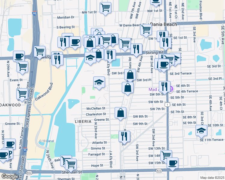 map of restaurants, bars, coffee shops, grocery stores, and more near 742 Southwest 4th Terrace in Dania Beach