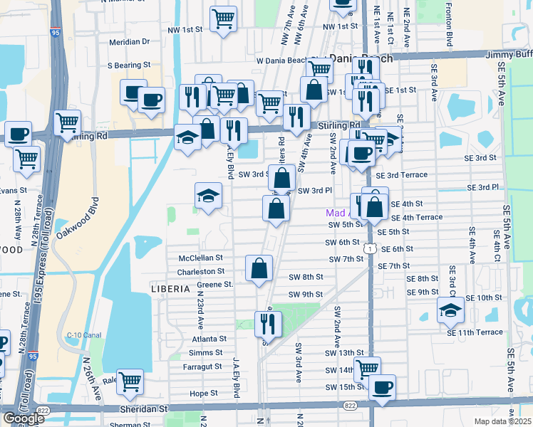 map of restaurants, bars, coffee shops, grocery stores, and more near 402 Phippen Waiters Road in Dania Beach