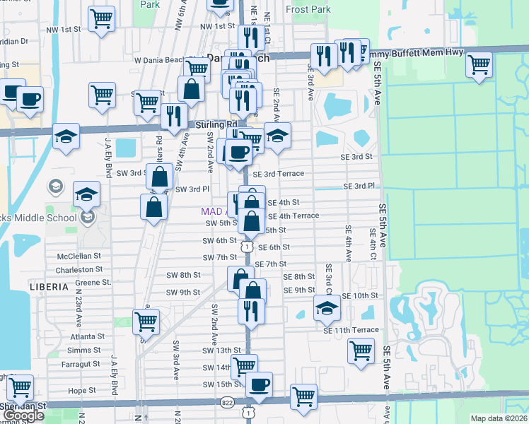 map of restaurants, bars, coffee shops, grocery stores, and more near 29 Southeast 4th Street in Dania Beach