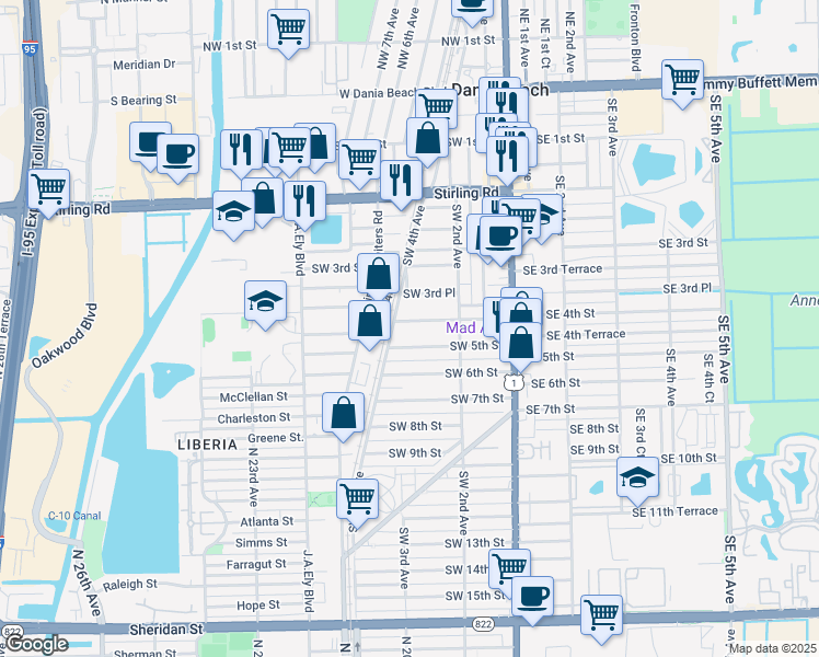 map of restaurants, bars, coffee shops, grocery stores, and more near 258 Southwest 4th Street in Dania Beach