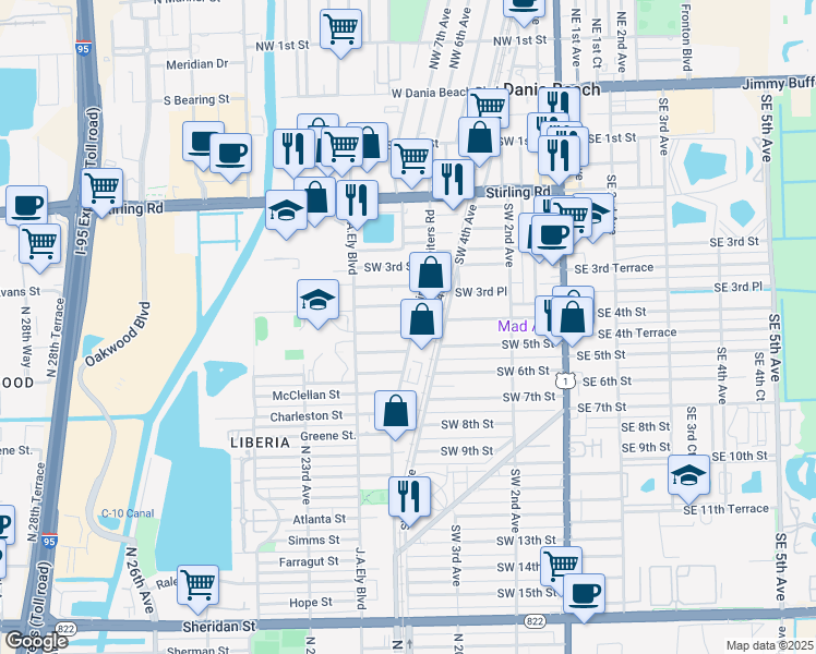 map of restaurants, bars, coffee shops, grocery stores, and more near 402 Phippen Waiters Road in Dania Beach