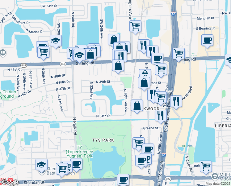 map of restaurants, bars, coffee shops, grocery stores, and more near 3027 Oaktree Lane in Hollywood