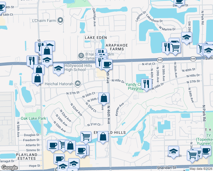 map of restaurants, bars, coffee shops, grocery stores, and more near 4700 North Hills Drive in Hollywood
