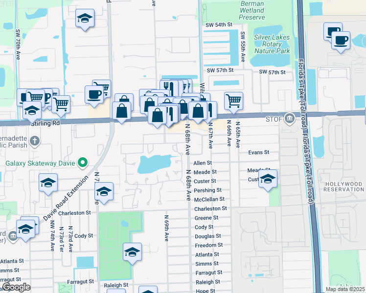 map of restaurants, bars, coffee shops, grocery stores, and more near 151 Berkley Road in Hollywood