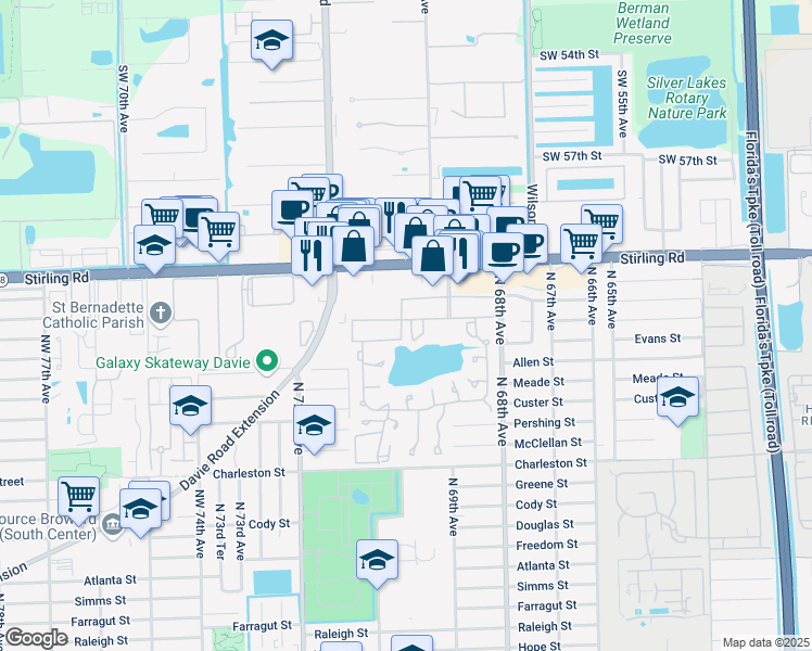 map of restaurants, bars, coffee shops, grocery stores, and more near 251 Berkley Road in Hollywood