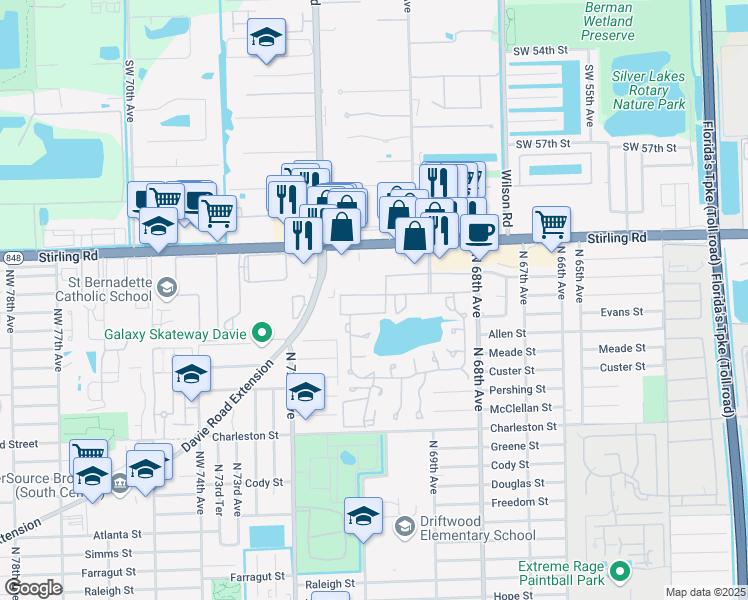 map of restaurants, bars, coffee shops, grocery stores, and more near 251 Berkley Road in Hollywood