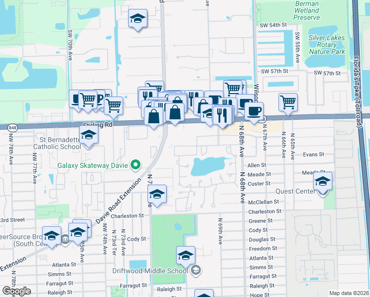 map of restaurants, bars, coffee shops, grocery stores, and more near 4150 Davie Road Extension in Hollywood