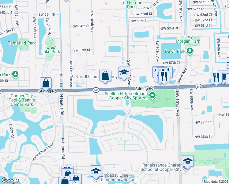 map of restaurants, bars, coffee shops, grocery stores, and more near 10721 Stirling Road in Cooper City
