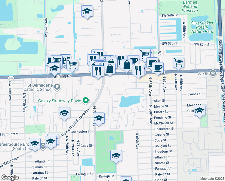 map of restaurants, bars, coffee shops, grocery stores, and more near 4150 Davie Road Extension in Hollywood