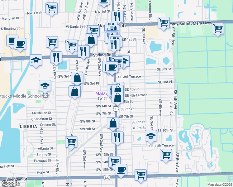 map of restaurants, bars, coffee shops, grocery stores, and more near in Dania Beach