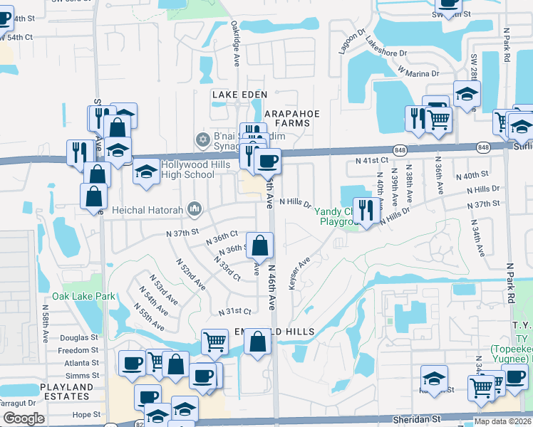 map of restaurants, bars, coffee shops, grocery stores, and more near 4700 North Hills Drive in Hollywood