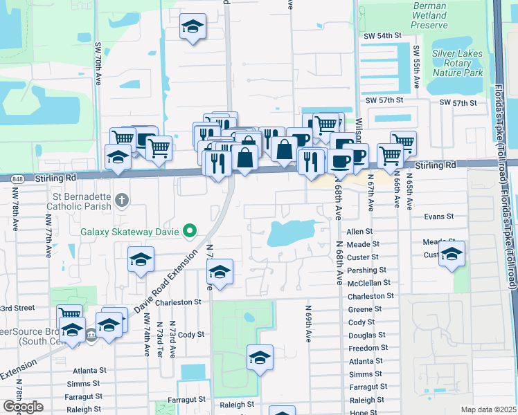 map of restaurants, bars, coffee shops, grocery stores, and more near 4150 Davie Road Extension in Hollywood