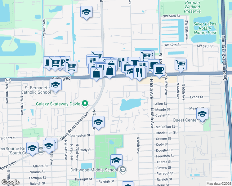 map of restaurants, bars, coffee shops, grocery stores, and more near 4150 Davie Road Extension in Hollywood