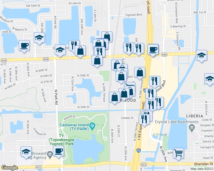 map of restaurants, bars, coffee shops, grocery stores, and more near 2999 Oaktree Lane in Hollywood