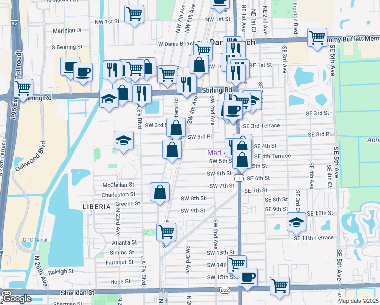 map of restaurants, bars, coffee shops, grocery stores, and more near 258 Southwest 4th Street in Dania Beach
