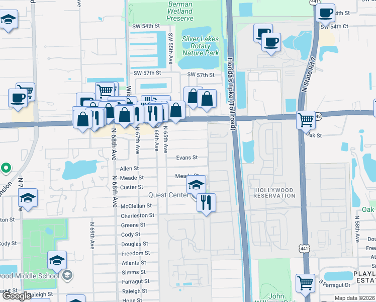 map of restaurants, bars, coffee shops, grocery stores, and more near 6432 Franklin Street in Hollywood