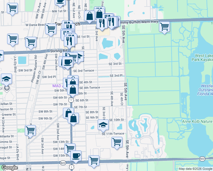 map of restaurants, bars, coffee shops, grocery stores, and more near 321 Southeast 4th Street in Dania Beach