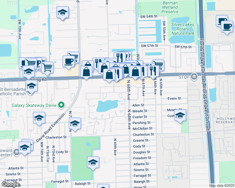 map of restaurants, bars, coffee shops, grocery stores, and more near 151 Berkley Road in Hollywood