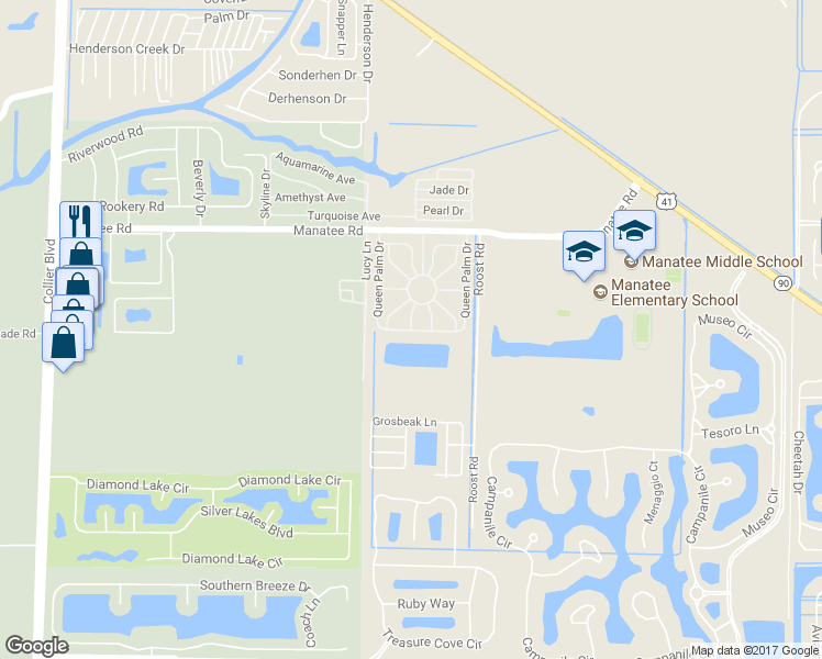 map of restaurants, bars, coffee shops, grocery stores, and more near 25 Queen Palm Drive in Naples