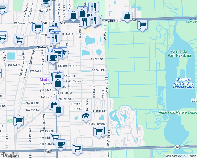 map of restaurants, bars, coffee shops, grocery stores, and more near 412 Southeast 4th Street in Dania Beach