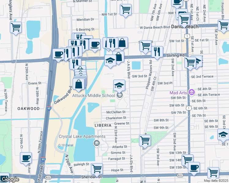 map of restaurants, bars, coffee shops, grocery stores, and more near 2400 Meade St in Hollywood
