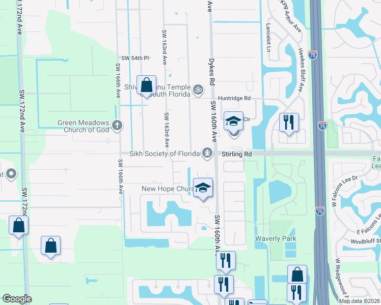 map of restaurants, bars, coffee shops, grocery stores, and more near 16201 Stirling Road in Southwest Ranches