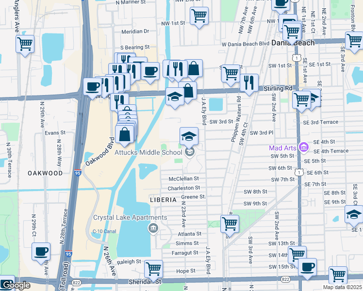 map of restaurants, bars, coffee shops, grocery stores, and more near 3500 North 22nd Avenue in Hollywood