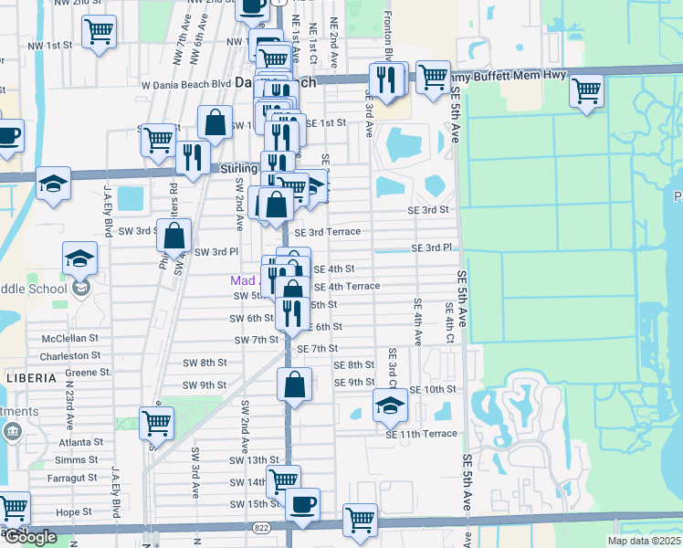 map of restaurants, bars, coffee shops, grocery stores, and more near 217 Southeast 4th Street in Dania Beach