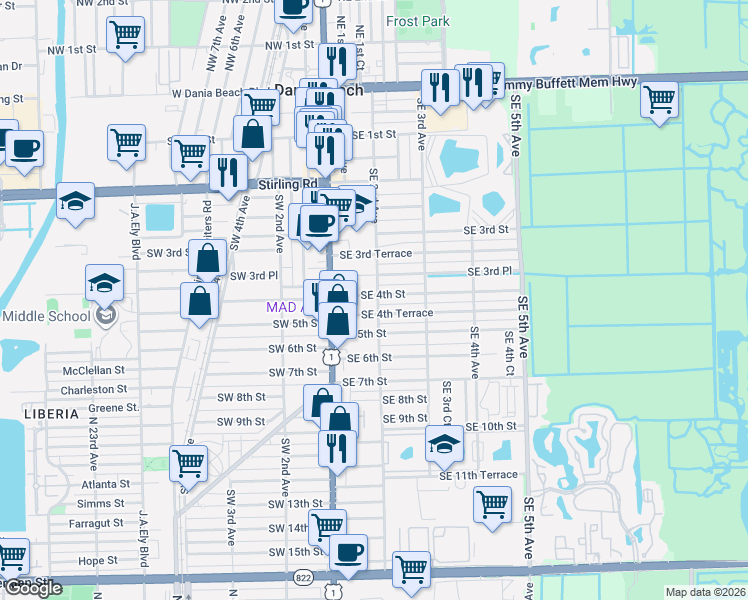 map of restaurants, bars, coffee shops, grocery stores, and more near 29 Southeast 4th Street in Dania Beach