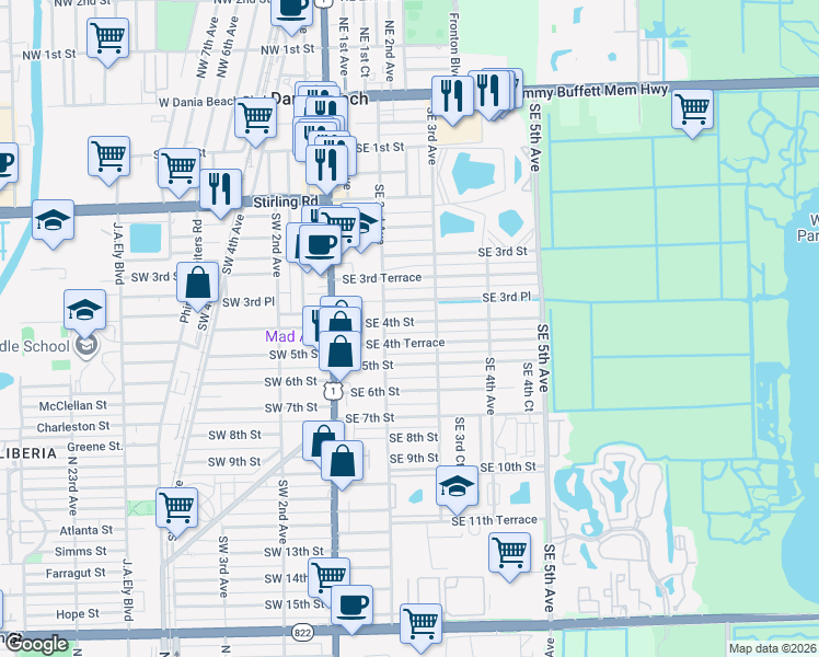 map of restaurants, bars, coffee shops, grocery stores, and more near 217 Southeast 4th Street in Dania Beach