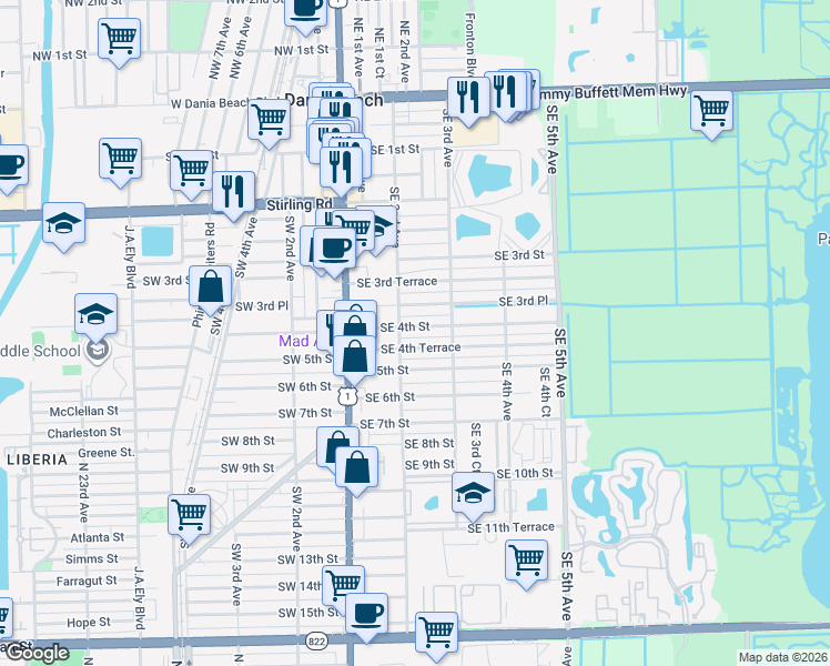 map of restaurants, bars, coffee shops, grocery stores, and more near 217 Southeast 4th Street in Dania Beach