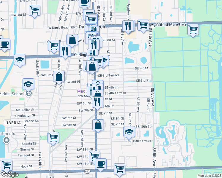 map of restaurants, bars, coffee shops, grocery stores, and more near 217 Southeast 4th Street in Dania Beach