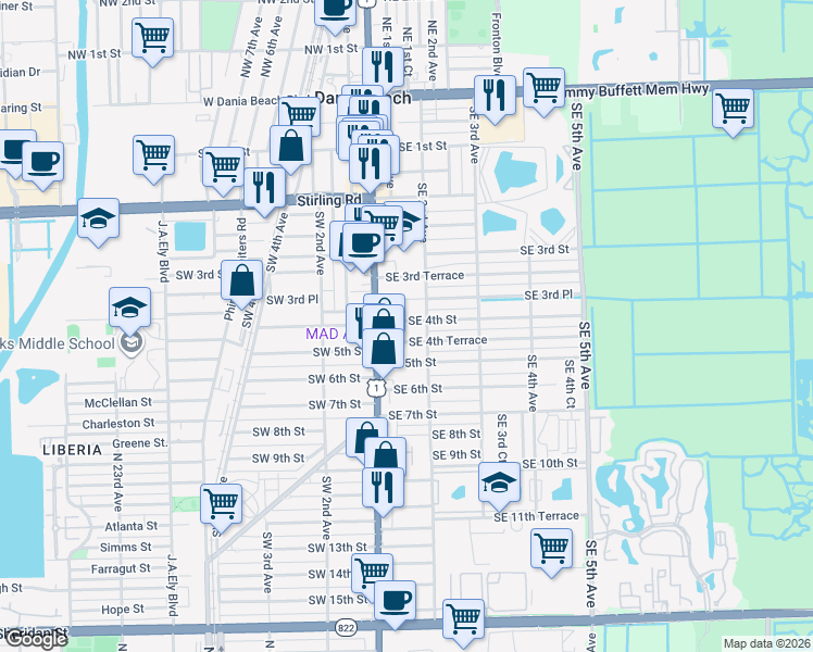 map of restaurants, bars, coffee shops, grocery stores, and more near 29 Southeast 4th Street in Dania Beach