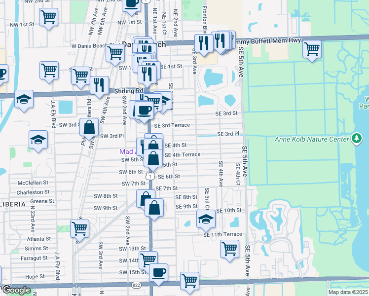 map of restaurants, bars, coffee shops, grocery stores, and more near 217 Southeast 4th Street in Dania Beach