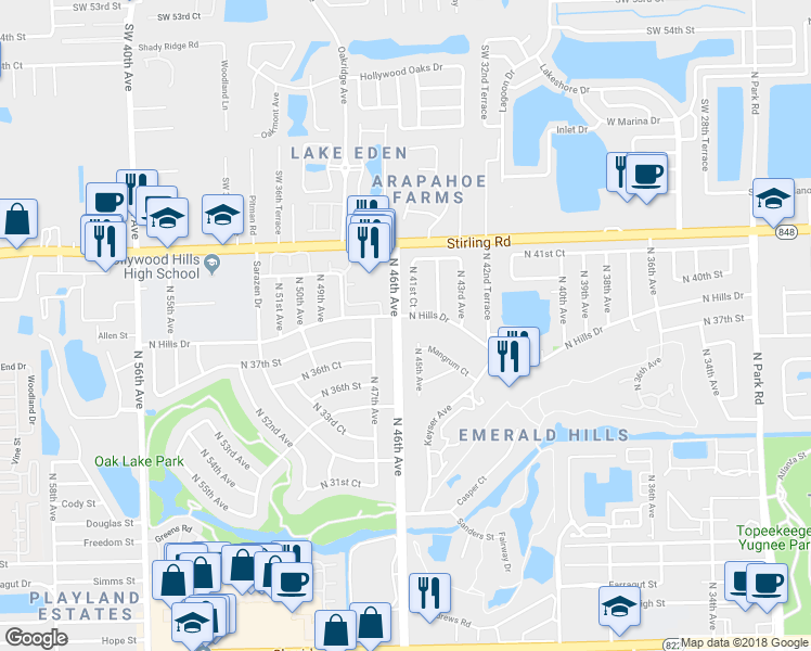 map of restaurants, bars, coffee shops, grocery stores, and more near 4550 North Hills Drive in Hollywood