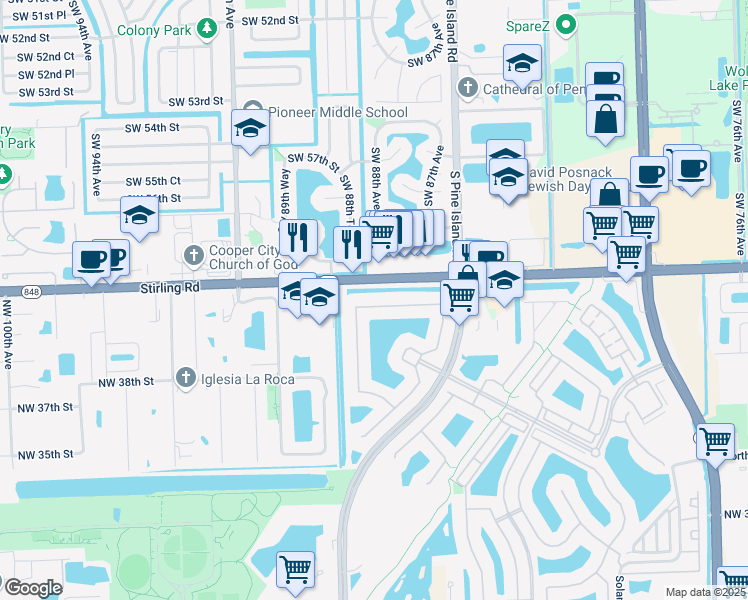 map of restaurants, bars, coffee shops, grocery stores, and more near 8775 Northwest 41st Street in Hollywood